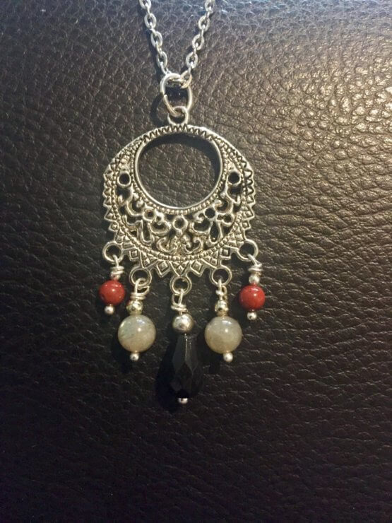 Pendentif perles semi-précieuses jaspes rouge et labradorite – Image 2