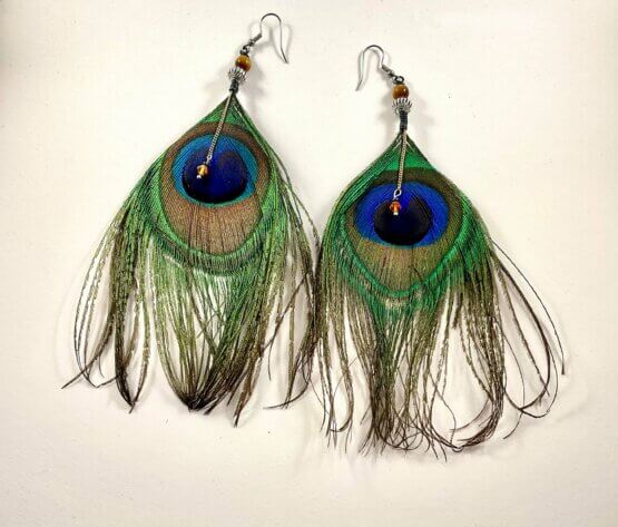 Boucles d'oreille "Plumes de paon" et perle "Oeil de tigre"